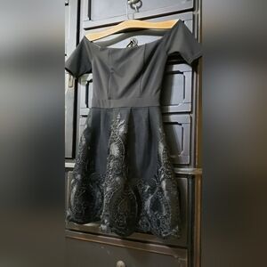 Francesca's Black Off-Shoulder Embroidered Midi Dress